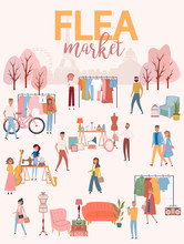 Flea Market Poster With People Selling And Shopping At Walking Street, Vintage Clothes And Accessories Shop On Paris Background, Cartoon Flat Design. Editable Vector Illustration