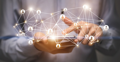 Poster - Man using cellphone with global connection icons