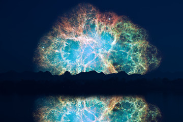 Wall Mural - blur reflection Crabmosaic galaxy nebula back on night cloud sunset sky silhouette tree