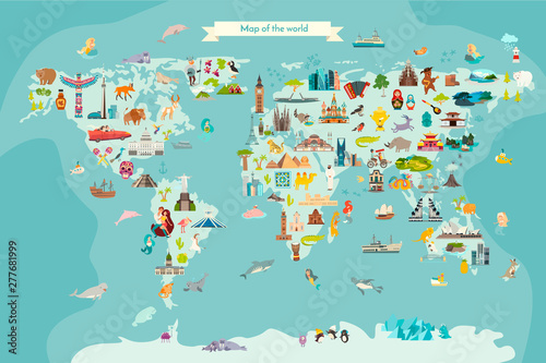 Landmarks world map vector cartoon illustration. Cartoon globe vector