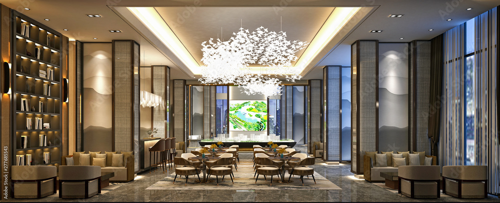 3d render luxury hotel lobby reception - obrazy, fototapety, plakaty 