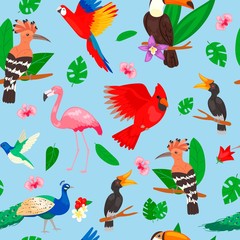 Tropical birds, jungle summer seamless vector illustration. Pink flamingo and tropical palm tree leaves with flowers. Exotic Hawaii with tropical birds such as parrot, hummingbird.