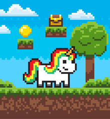 Aufkleber - Unicorn standing on grass, award sign coin and box on ground steps, fairytale character outdoor, interface of adventure pixel game with horse vector, pixelated park with animal