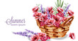 Poppy and lavender flowers in a basket Vector watercolor. Colorful summer decorations
