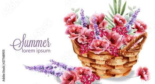 Poppy and lavender flowers in a basket Vector watercolor. Colorful summer dec...