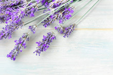 A Fresh Bouquet Of Blooming Lavender Flowers, Shot From The Top On A Rustic Wooden Background With A Place For Text
