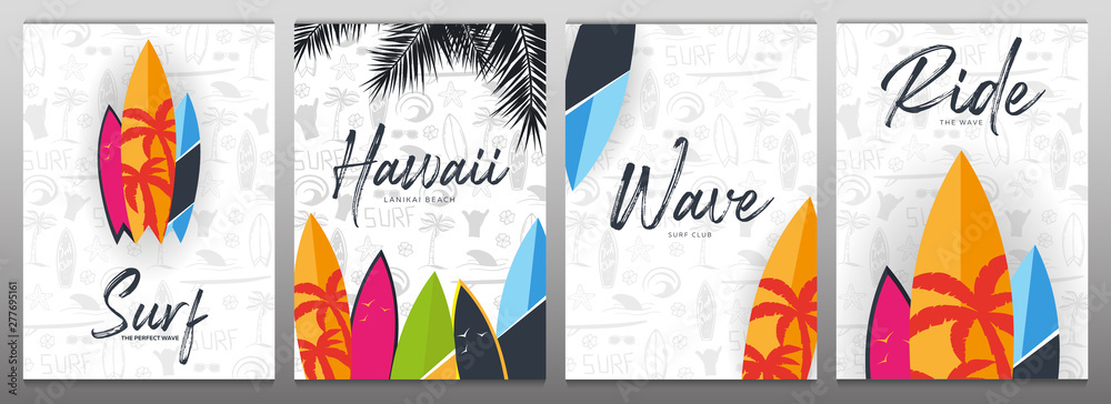 Set of Summer Surfing Posters for Surf Club or Shop with hand draw background and Surfboard. - obrazy, fototapety, plakaty 