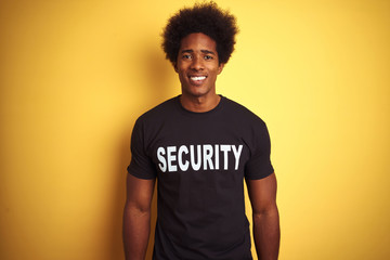 Poster - American safeguard man with afro hair wearing security uniform over isolated yellow background with a happy and cool smile on face. Lucky person.