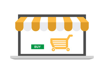 Wall Mural - online store, laptop with awning and shopping cart icon. isolated on white background