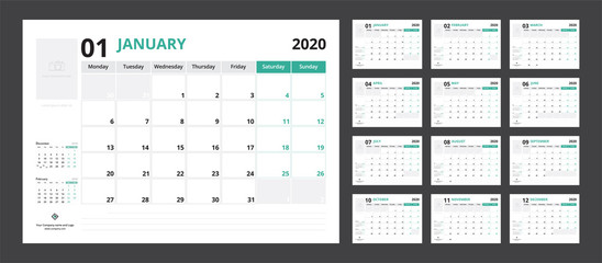 Wall Mural - 2020 calendar planner set for template corporate design week start on Monday.