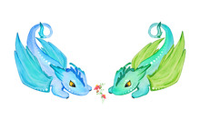 Two Little Curious Dragons. Hand Drawn Watercolor Illustration