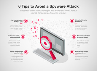 Fototapete - Simple infographic template for 6 tips to avoid a spyware attack, isolated on light background. Easy to use for your website or presentation.