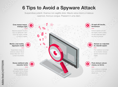 Fotomural Simple infographic template for 6 tips to avoid a spyware attack, isolated on light background