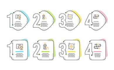 Aufkleber - Certificate, Cogwheel and Phone payment icons simple set. Survey progress sign. Verified document, Engineering, Mobile pay. Algorithm. Education set. Infographic timeline. Line certificate icon