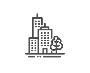 Poster - Skyscraper buildings line icon. City architecture with tree sign. Town symbol. Quality design element. Linear style skyscraper buildings icon. Editable stroke. Vector