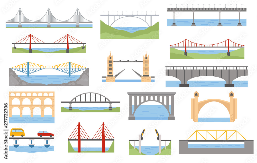 Types of bridges set. Color graphic design, infographic elements Stock ...