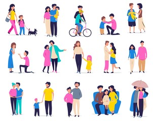 Wall Mural - Family leisure and activity. Vector illustration with couples, families with children and friends in flat cartoon style. Parents and children, walking a dog, riding a bike, hugs with friends, family.