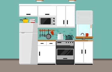 Modern kitchen illustration in flat style. Cartoon white kitchen design with white facade, microwave oven, fridge, window, sink, oven and kitchen supplies. Vector illustration