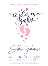 Welcome Baby Cute Card Invitation With Lettering And Baby Footprints. Baby Shower Card Design. Vector Illustration
