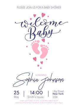 Wall Mural - Welcome Baby cute card invitation with lettering and baby footprints. Baby shower card design. Vector illustration
