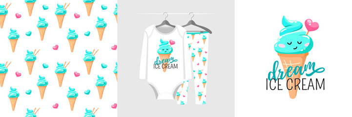 Wall Mural - Seamless pattern and illustration for kid with popsicle, text Dream ice cream. Cute design pajamas on hanger. Baby background for fashion clothes wear, room decor, t-shirt print, baby shower, wrapping