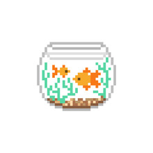 2 Goldfishes In A Bowl Aquarium, Pixel Art Icon Isolated On White Background. Pet Fishes In A Tank. Old School 8 Bit Slot Machine/video Game Graphics.