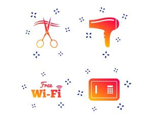 Poster - Hotel services icons. Wi-fi, Hairdryer and deposit lock in room signs. Wireless Network. Hairdresser or barbershop symbol. Random dynamic shapes. Gradient wi-fi icon. Vector