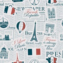 Vector Seamless Pattern On France And Paris Theme With Inscriptions, Architectural Landmarks And Flag Of French Republic In Retro Style On The Newspaper Background. Wallpaper, Wrapping Paper, Fabric