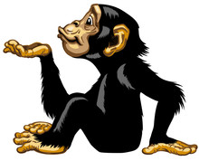 Cartoon Chimpanzee Keeping Empty Cupped Hand Palm Up. Great Ape Or Chimp Monkey In Sitting Pose Blowing Air Kiss. Positive Attractive Joyful And Happy Emotion. Side View Isolated Vector Illustration