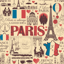 Vector Seamless Pattern On France And Paris Theme With Drawings, Inscriptions, Architectural Landmarks, Map And Flag Of French Republic In Retro Style. Can Be Used As Wallpaper, Wrapping Paper, Fabric