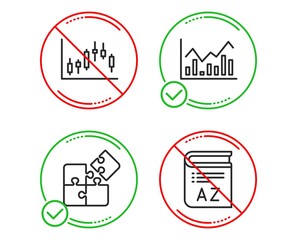 Poster - Do or Stop. Candlestick graph, Infochart and Puzzle icons simple set. Vocabulary sign. Finance chart, Stock exchange, Engineering strategy. Book. Science set. Line candlestick graph do icon. Vector