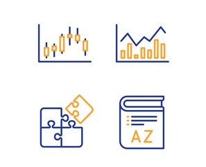 Poster - Candlestick graph, Infochart and Puzzle icons simple set. Vocabulary sign. Finance chart, Stock exchange, Engineering strategy. Book. Science set. Linear candlestick graph icon. Colorful design set