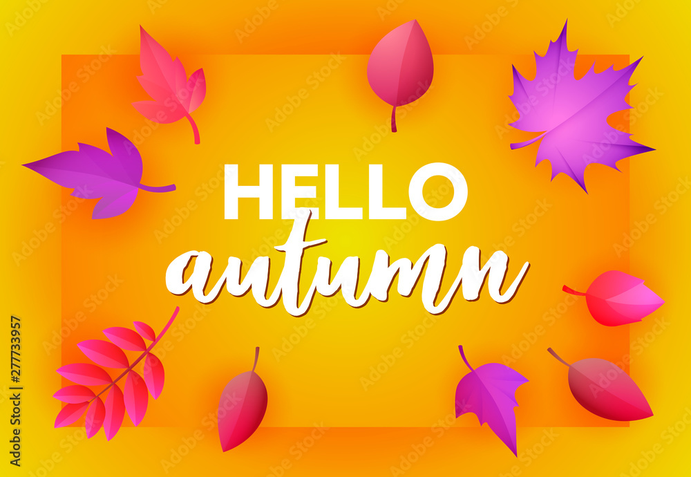 Hello autumn yellow greeting card design. Handwritten text on card with ...