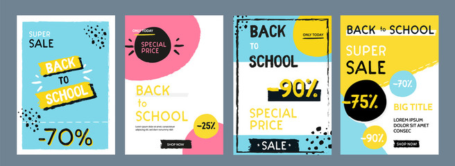 Back to school banner set, simple design for any purposes. Study concept with gradient labels, backpack, pen