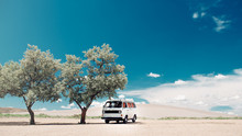 Car Getting Shade Under A Tree In The Desert With Blue Sky