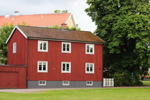 Red Swedish House. Old Wooden Red House In Sweden