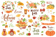 Autumn Floral Set. Colorful Floral Elements For Fall Floral Clipart Flowers Owl Pumpkin Apple Floral Bouquet Vector