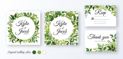 Wedding Invitation, thank you, rsvp card. Floral design with green watercolor fern leaves, foliage greenery decorative frame print. Vector elegant cute rustic greeting, invite, postcard 