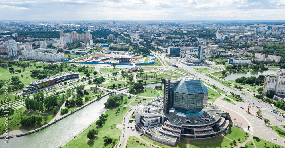 Obraz na płótnie National library of Belarus. The City Of Minsk. View of the city and Independence Avenue. Photos from the drone. w salonie