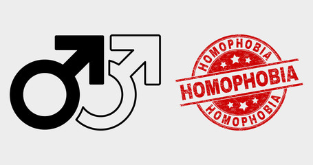 Vector gay pair symbol pictogram and Homophobia watermark. Red round grunge watermark with Homophobia text. Vector combination for gay pair symbol in flat style.