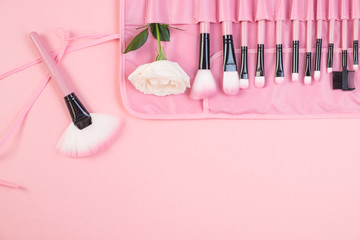 set of brushes for professional makeup with pink handles in pink cover on bright pink background