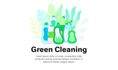 Vector background with eco friendly household cleaning supplies. Natural detergents. Landing page template. Products for house washing. Green home. Online store. Banner, mailing, advertising, label