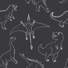 Dino Seamless Pattern, Cute Cartoon Hand Drawn Dinosaurs Doodles Vector Illustration