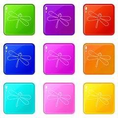 Sticker - Dragonfly icons set 9 color collection isolated on white for any design
