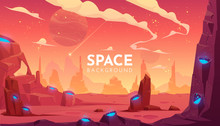 Space Background, Alien Fantasy Landscape With Rocks And Craters With Blue Liquid Inside, Orange Planet Empty Surface, Cloudy Sky And Falling Comet, Computer Game Backdrop, Cartoon Vector Illustration
