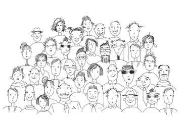 Background with lots of human's faces. People of different ages and professional backgrounds. Working and living together metaphor. Sketch, doodle