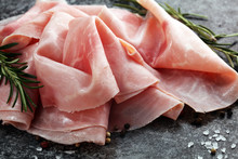 Sliced Ham On Wooden Background. Fresh Prosciutto Cotto. Pork Ham Sliced.