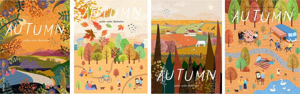 Autumn nature. Cute vector illustration of landscape natural background, village, people on vacation in the park at a picnic, forest and trees. Drawings from the hand  - obrazy, fototapety, plakaty 