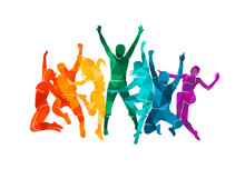 Colorful Happy Group People Jump Vector Illustration Silhouette. Cheerful Man And Woman Isolated. Jumping Fun Friends Background. Expressive Dance Dancing, Jazz, Funk, Hip-hop