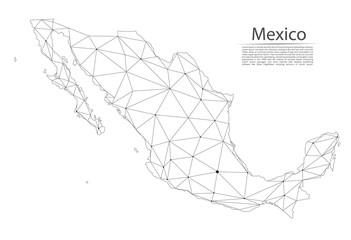 Poster - Map of Mexico connection. Vector low-poly image of a global map with lights in the form of cities or population density, consisting of points and shapes in the form of stars and space.